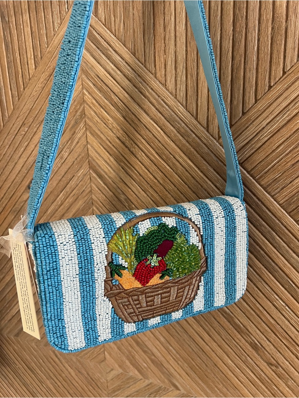 NWT Beaded Shoulder Bag Blue White Stripe Farmers Market Motif